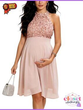 Maternity Sequin Halter Chiffon Midi Dress Baby Shower